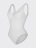 Deep V-Neck Pleated One-Piece Swimsuit – Tummy Control & Detachable Cups