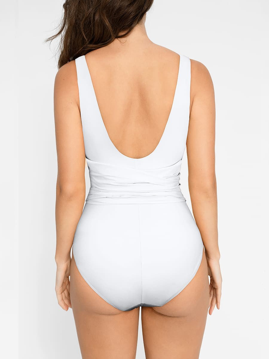 Deep V-Neck Pleated One-Piece Swimsuit – Tummy Control & Detachable Cups