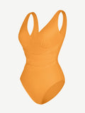 Deep V-Neck Pleated One-Piece Swimsuit – Tummy Control & Detachable Cups