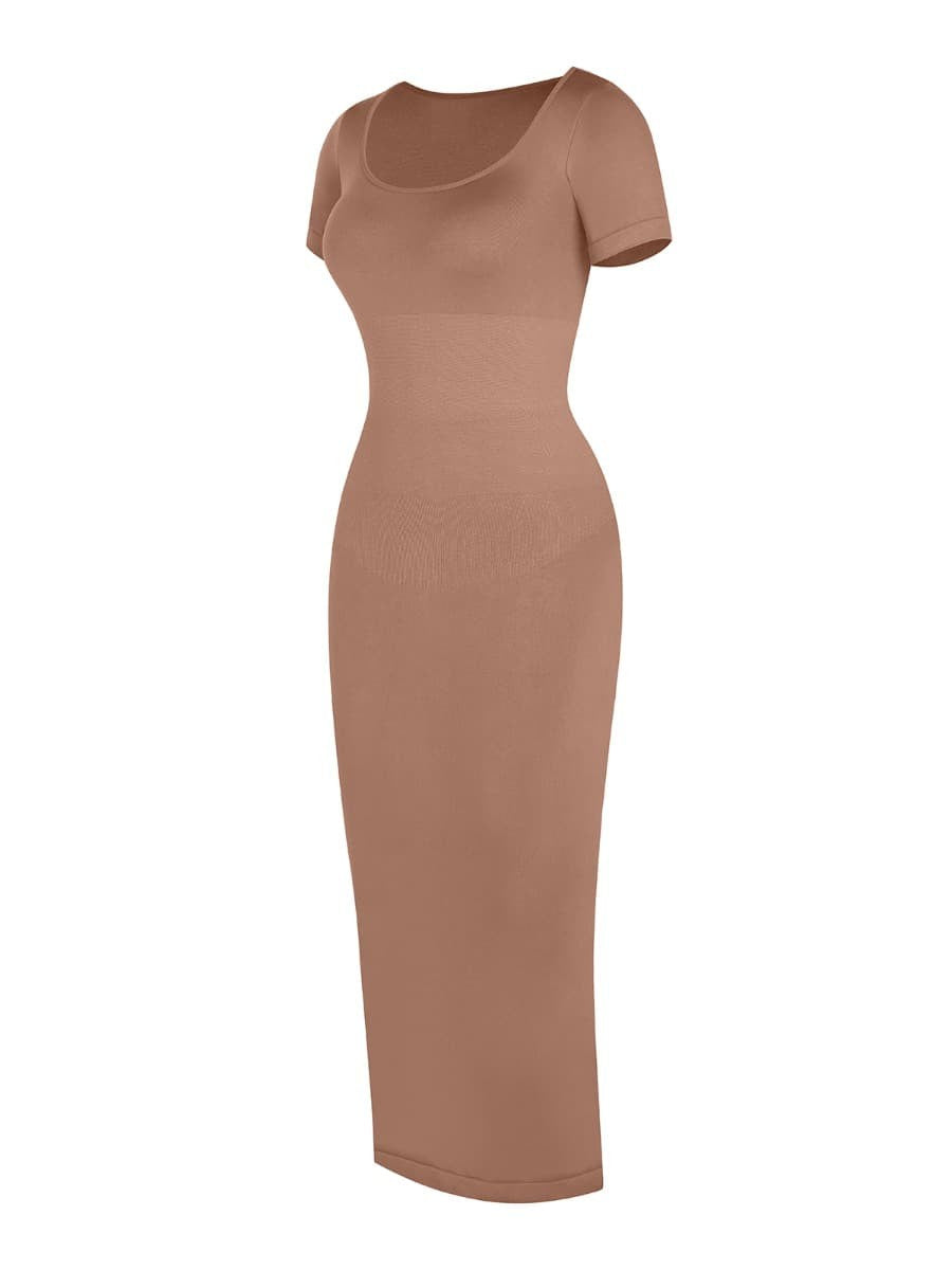 Round Neck Seamless Shaper Dress with Back Slit – Built-in Bra & Waist Sculpting
