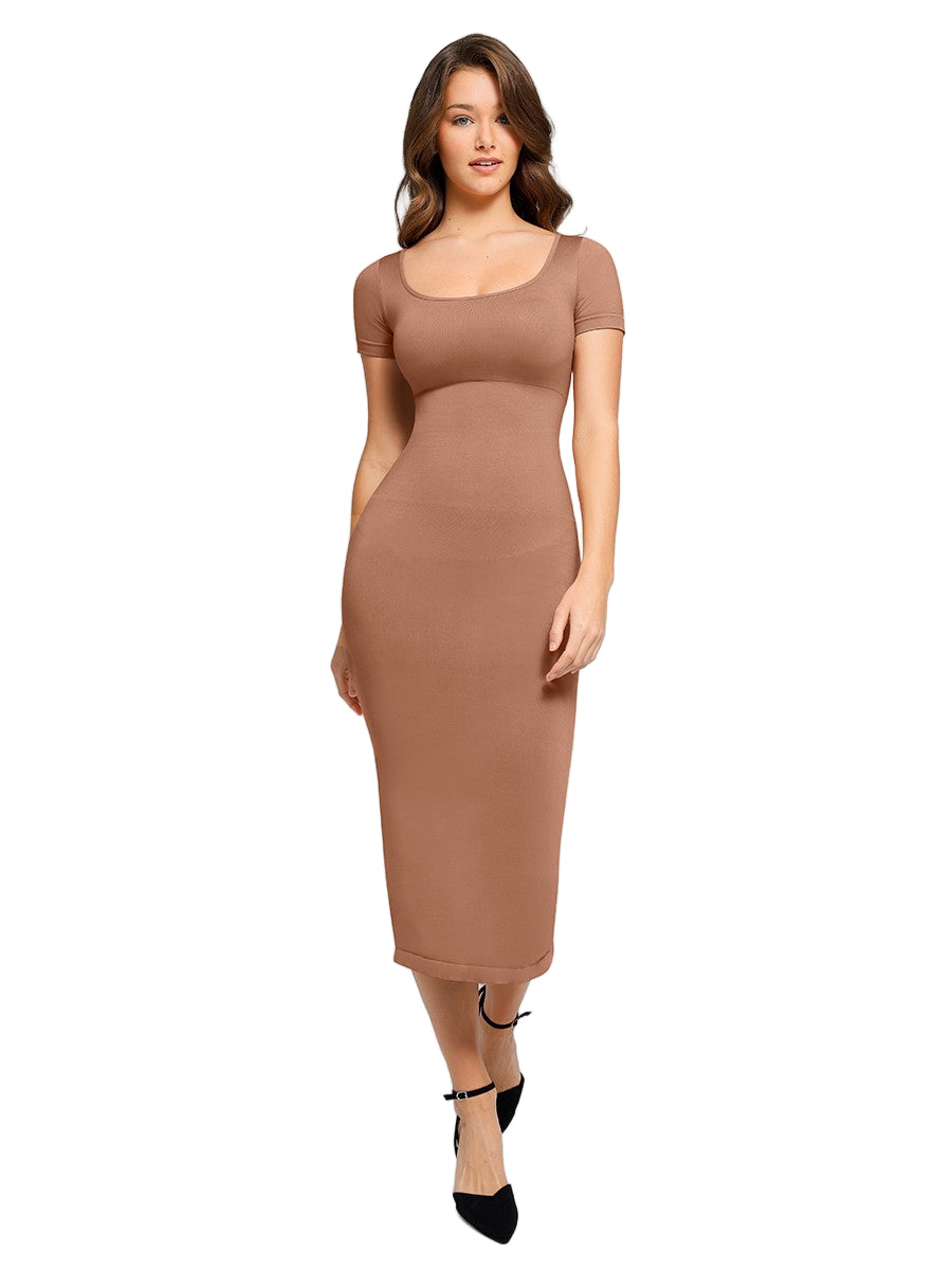 Round Neck Seamless Shaper Dress with Back Slit – Built-in Bra & Waist Sculpting