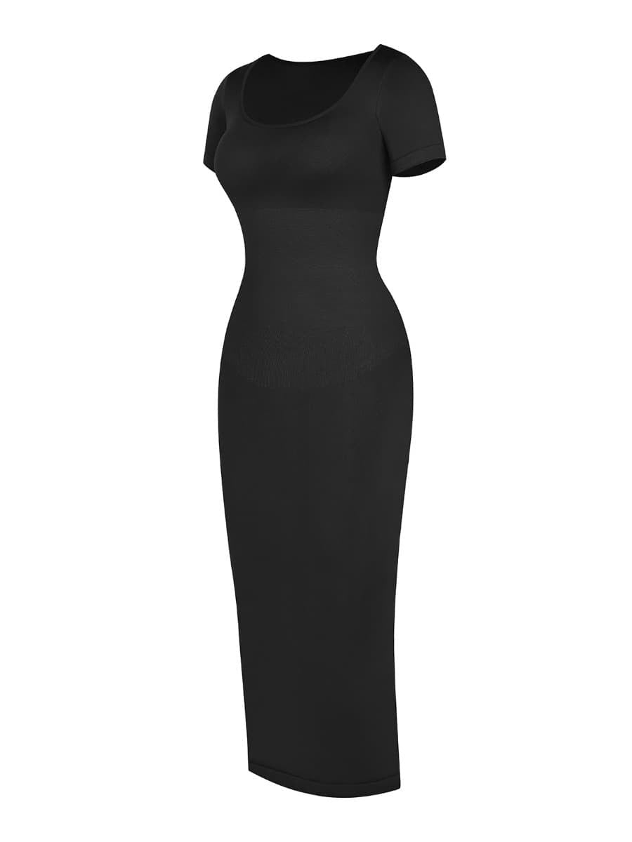 Round Neck Seamless Shaper Dress with Back Slit – Built-in Bra & Waist Sculpting