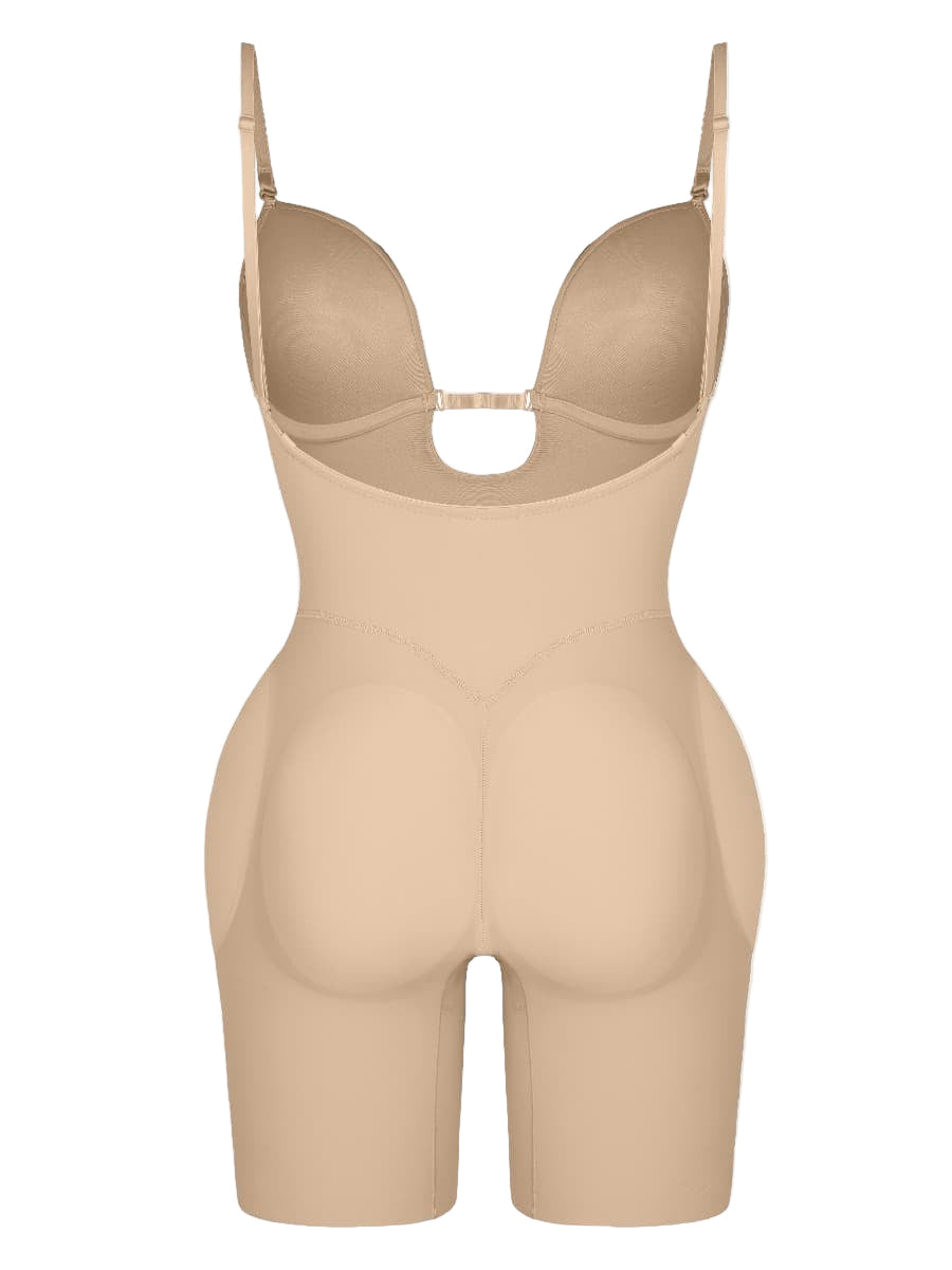 Low-Cut Backless Seamless Shapewear Bodysuit with Detachable Butt Pads & Tummy Control