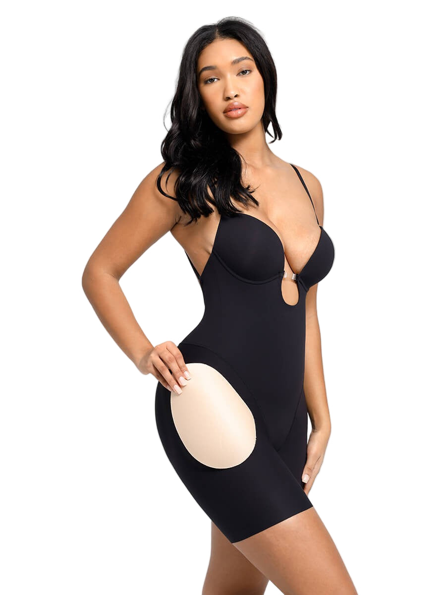 Low-Cut Backless Seamless Shapewear Bodysuit with Detachable Butt Pads & Tummy Control