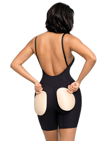 Low-Cut Backless Seamless Shapewear Bodysuit with Detachable Butt Pads & Tummy Control