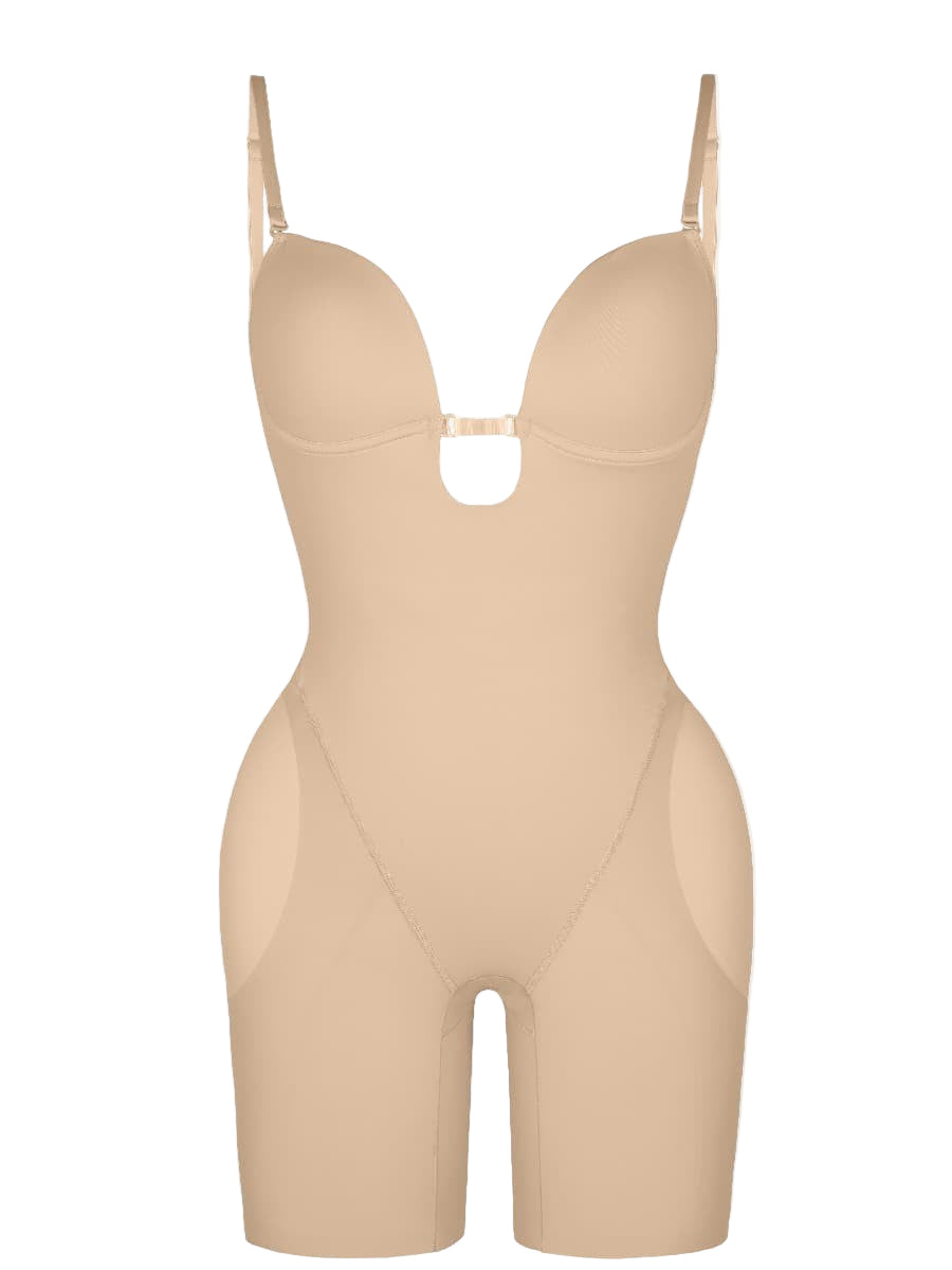 Low-Cut Backless Seamless Shapewear Bodysuit with Detachable Butt Pads & Tummy Control