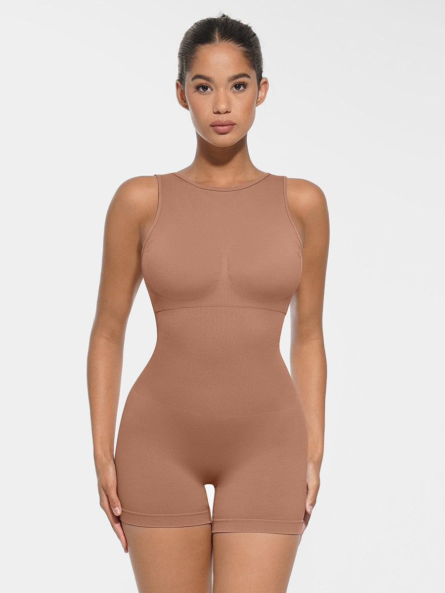 Seamless Small Round Neck Open Back Shaping Dress with Detachable Cups