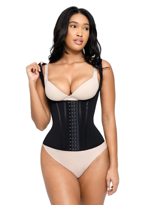 Woman wearing a black waist trainer with beige undergarments on a white background