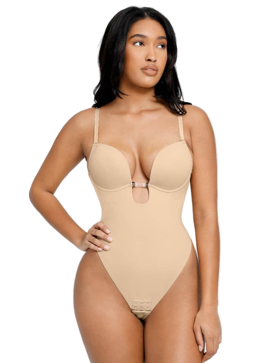 Low-Cut Backless Shapewear Bodysuit with Underwire Support & T-String Design