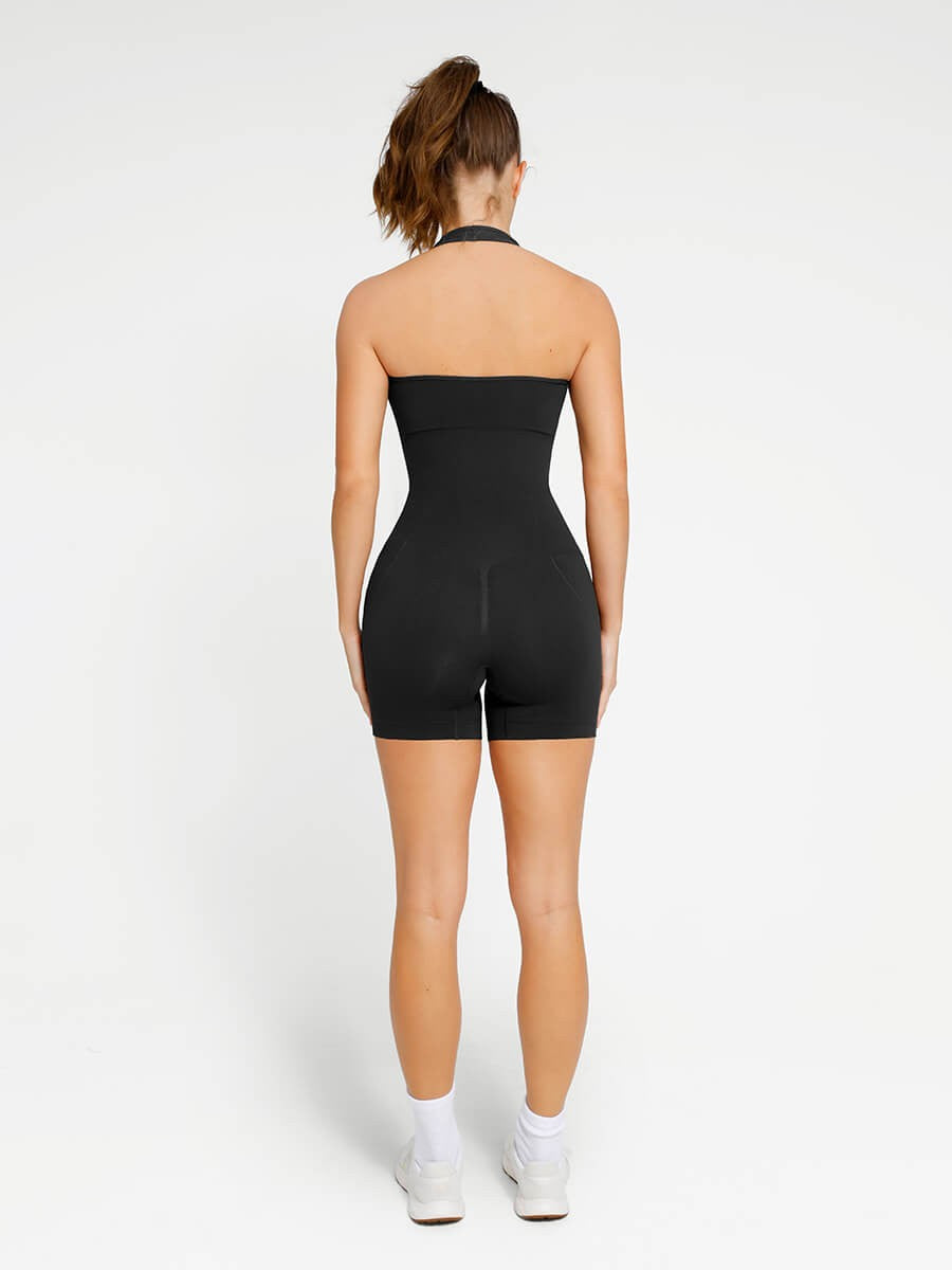 Elegant Halter Neck Seamless Bodysuit with Chest Support & Butt Lifting Design