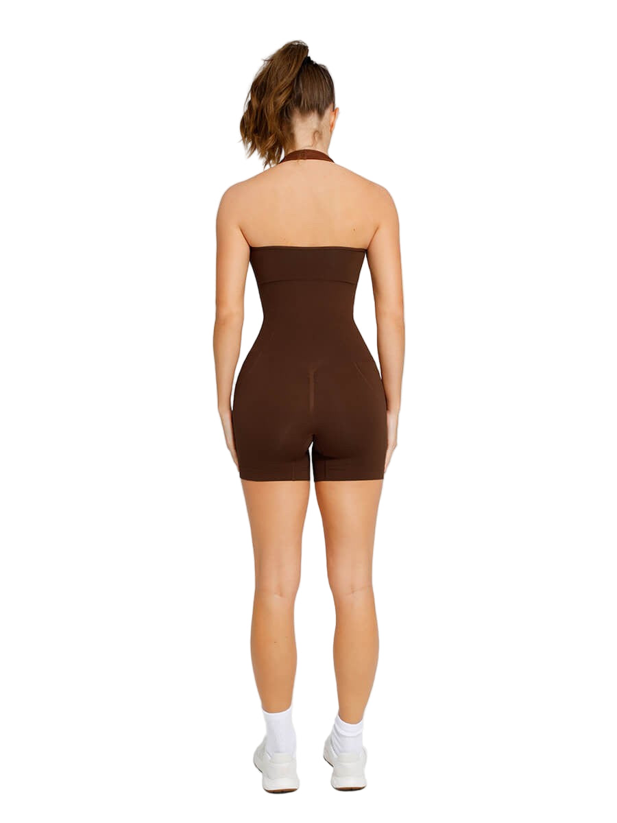 Elegant Halter Neck Seamless Bodysuit with Chest Support & Butt Lifting Design