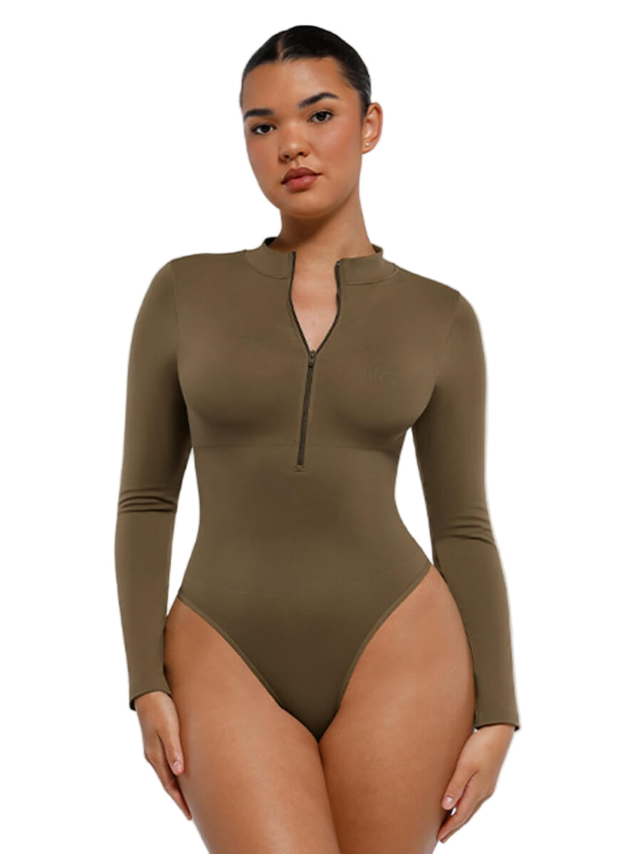Zipper Stand Collar Seamless Long Sleeve Bodysuit | High-Stretch Slimming Shapewear for Women