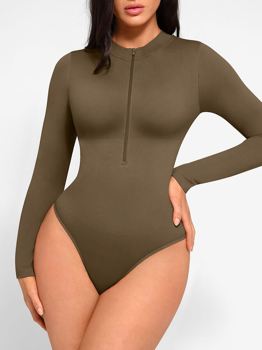 Zipper Stand Collar Seamless Long Sleeve Bodysuit | High-Stretch Slimming Shapewear for Women