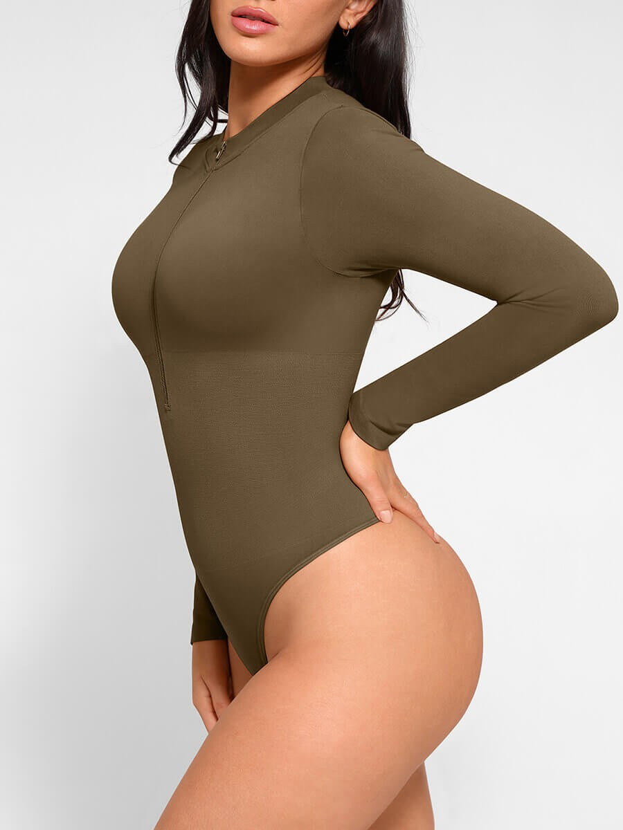 Zipper Stand Collar Seamless Long Sleeve Bodysuit | High-Stretch Slimming Shapewear for Women