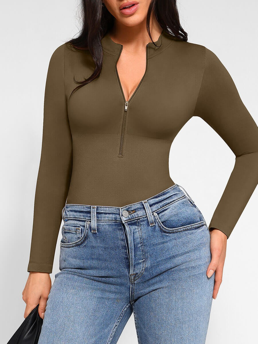 Zipper Stand Collar Seamless Long Sleeve Bodysuit | High-Stretch Slimming Shapewear for Women