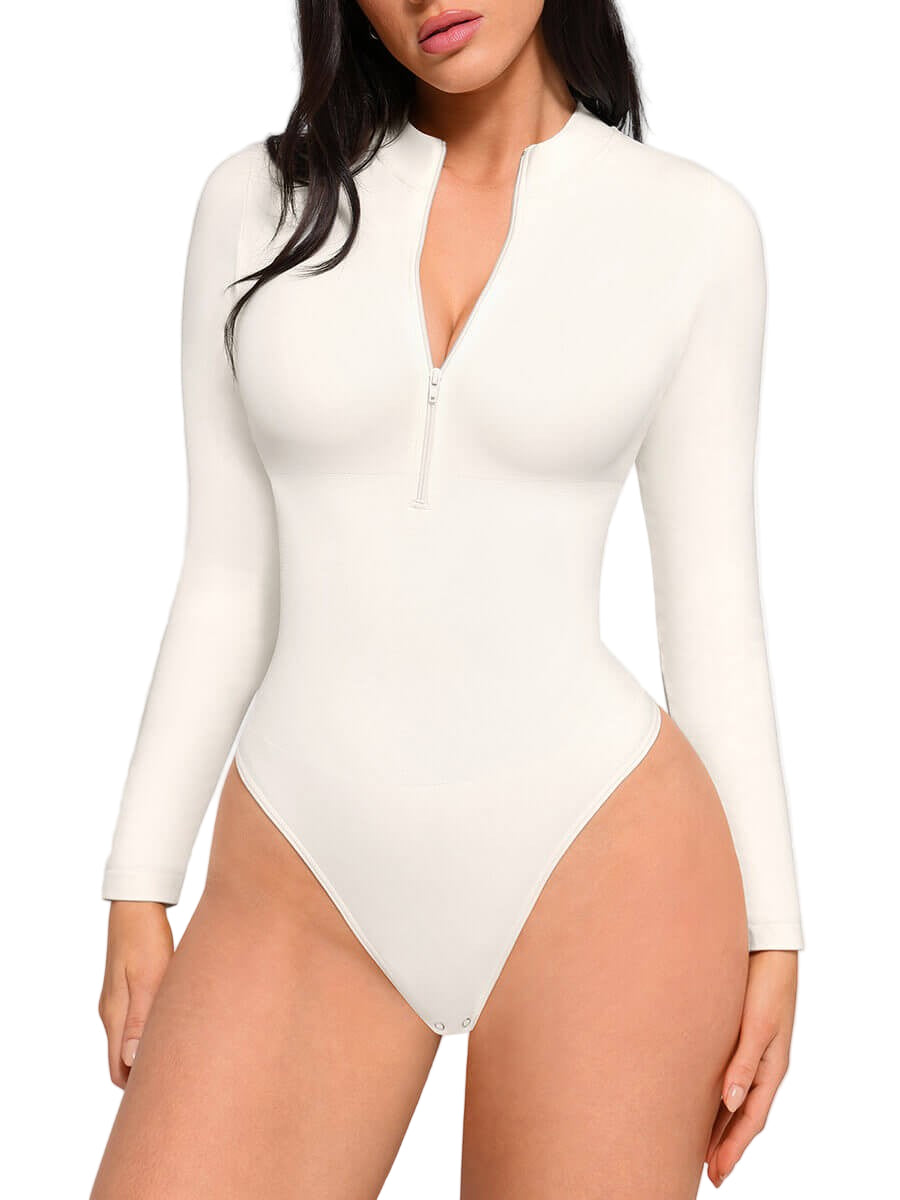 Zipper Stand Collar Seamless Long Sleeve Bodysuit | High-Stretch Slimming Shapewear for Women