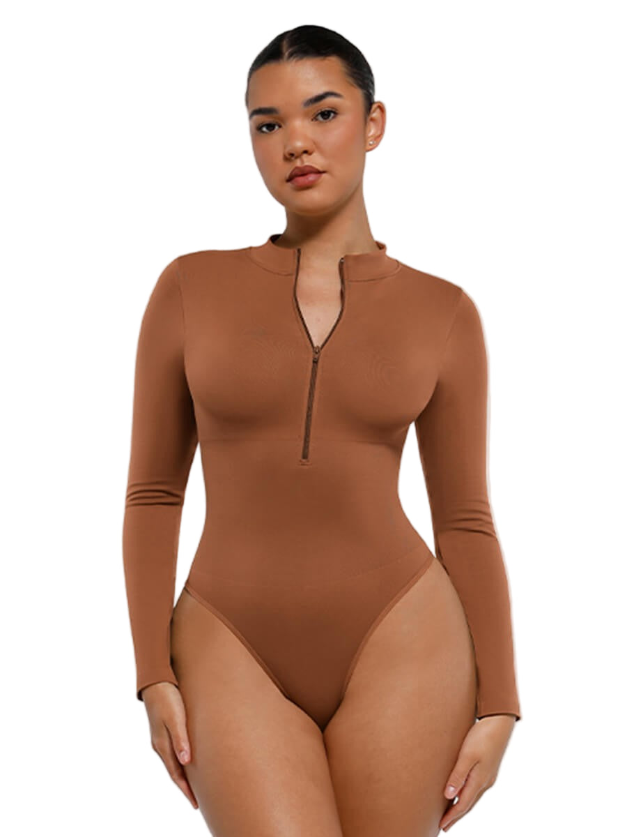 Zipper Stand Collar Seamless Long Sleeve Bodysuit | High-Stretch Slimming Shapewear for Women