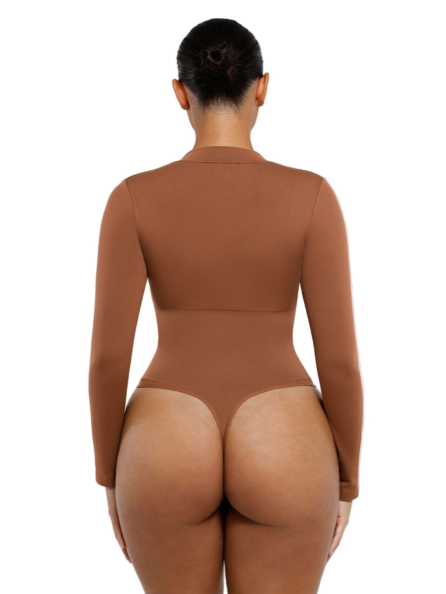 Zipper Stand Collar Seamless Long Sleeve Bodysuit | High-Stretch Slimming Shapewear for Women