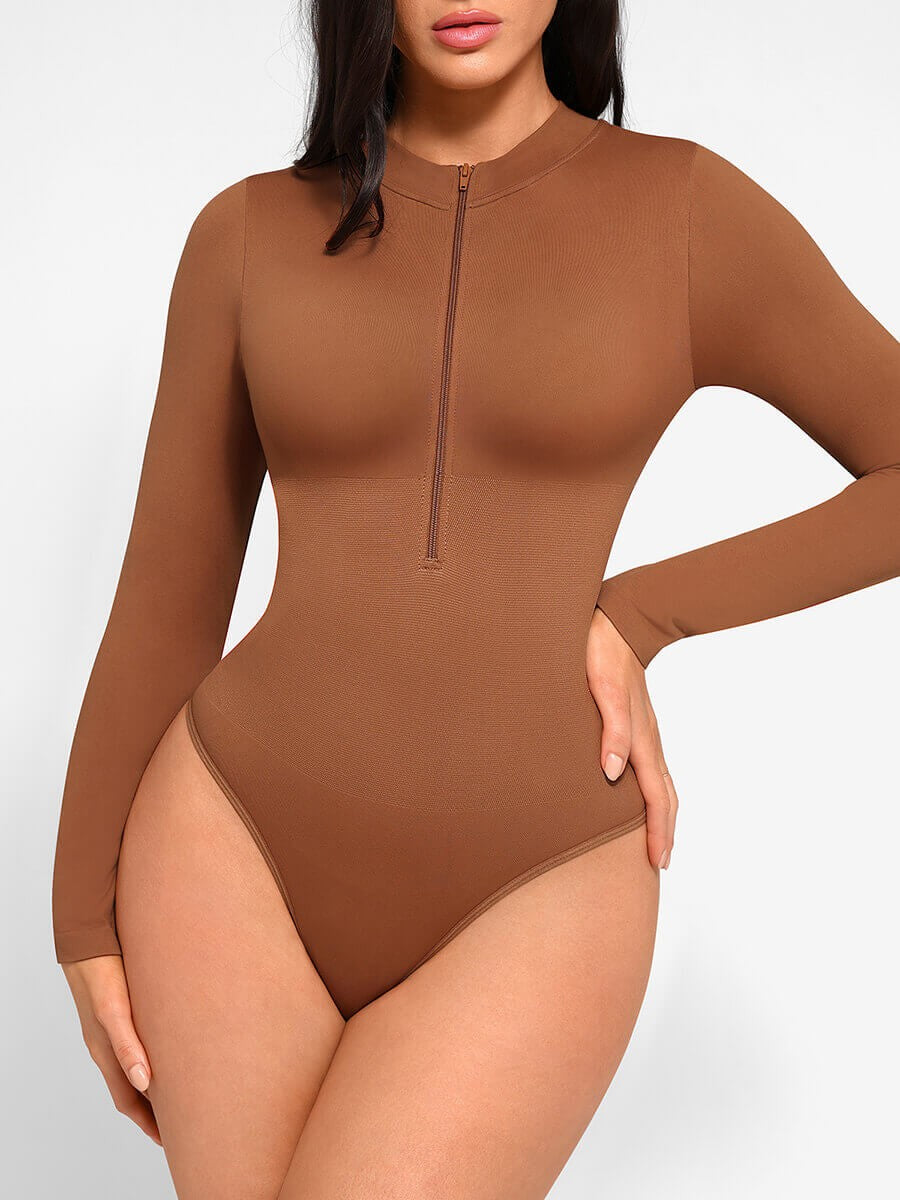 Zipper Stand Collar Seamless Long Sleeve Bodysuit | High-Stretch Slimming Shapewear for Women
