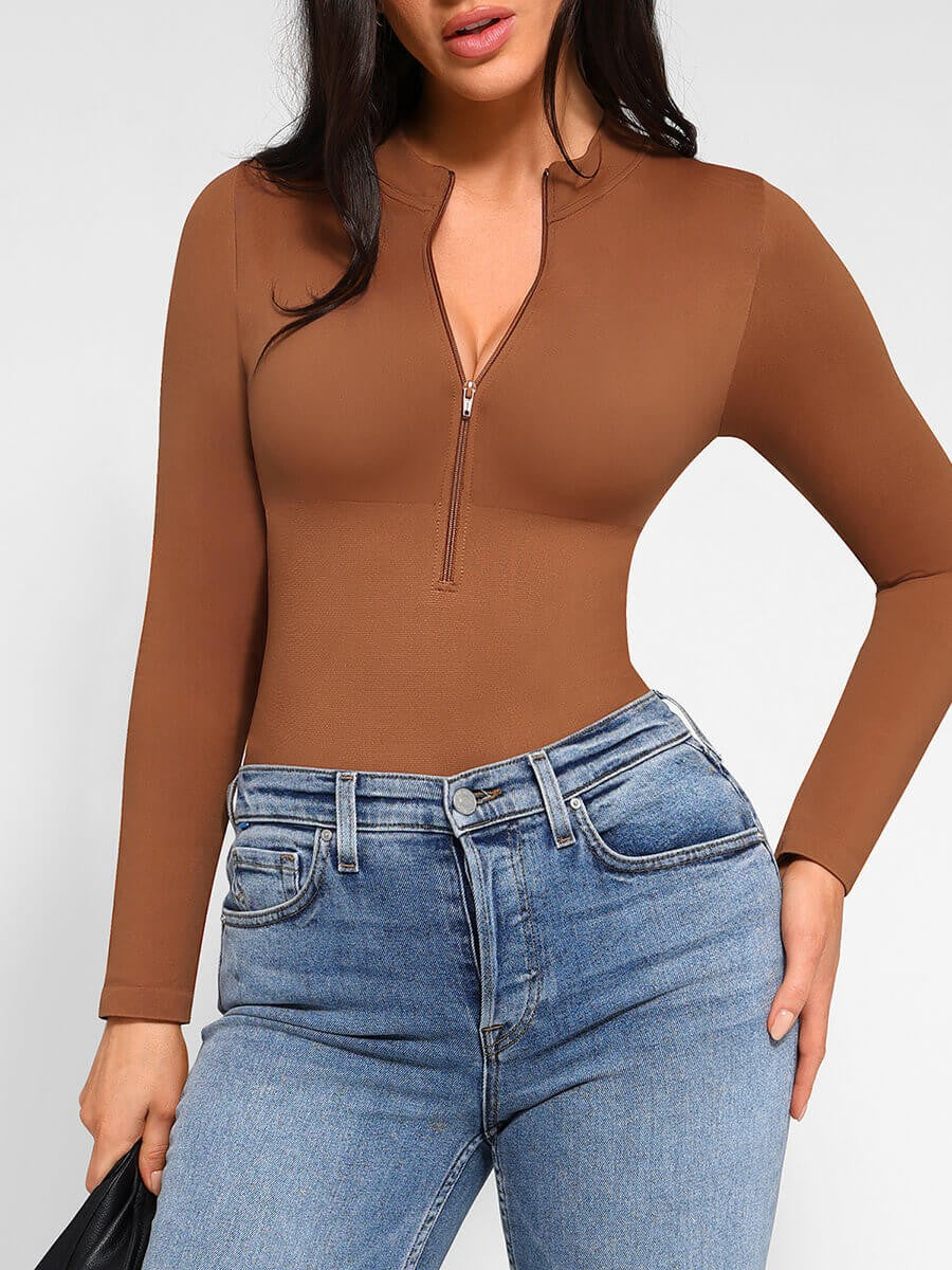 Zipper Stand Collar Seamless Long Sleeve Bodysuit | High-Stretch Slimming Shapewear for Women