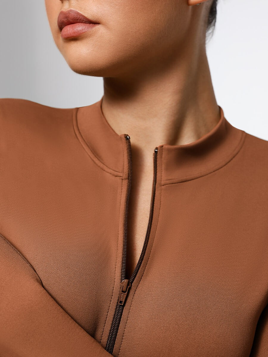 Zipper Stand Collar Seamless Long Sleeve Bodysuit | High-Stretch Slimming Shapewear for Women