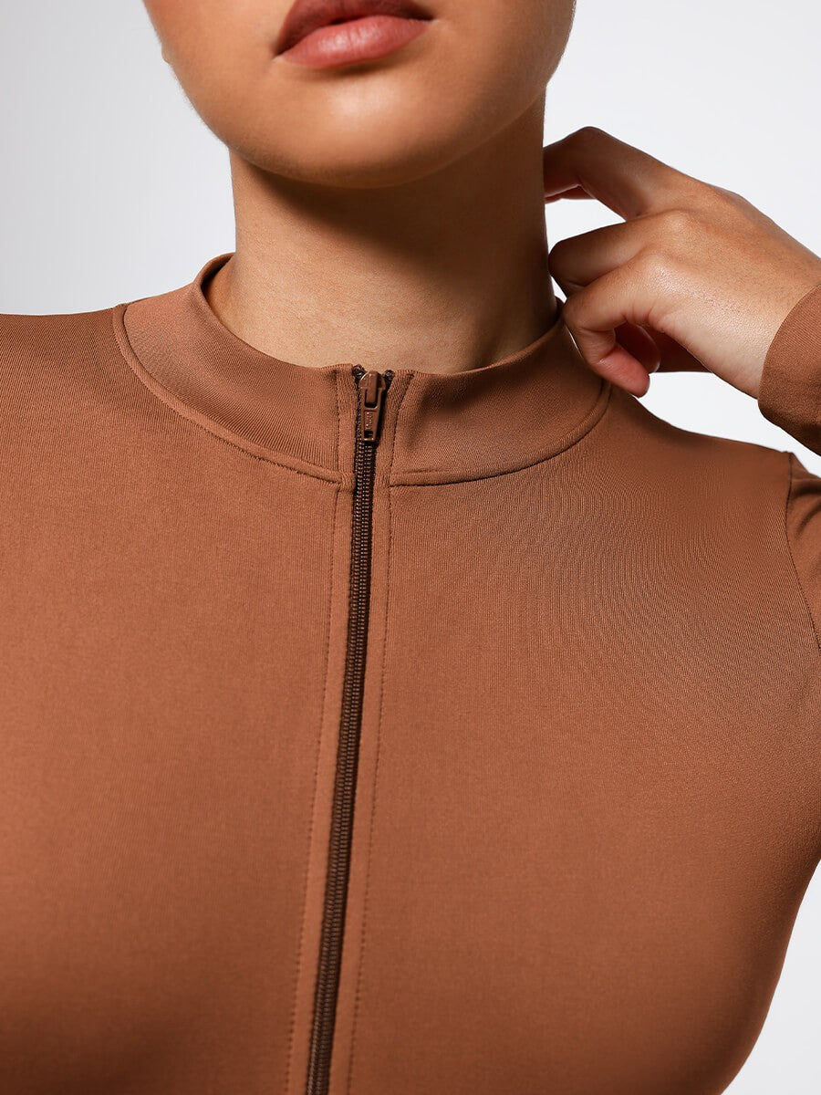 Zipper Stand Collar Seamless Long Sleeve Bodysuit | High-Stretch Slimming Shapewear for Women