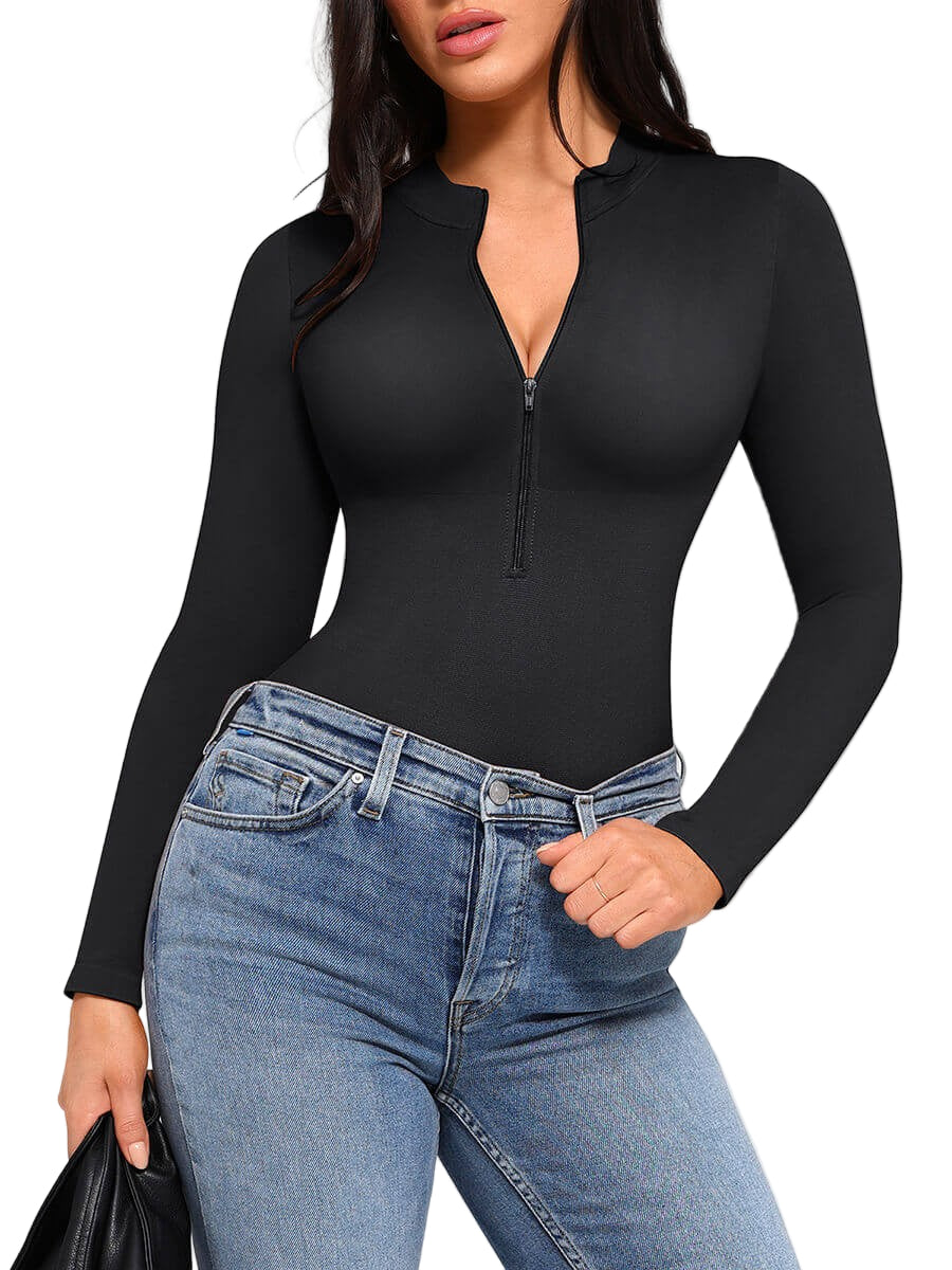 Zipper Stand Collar Seamless Long Sleeve Bodysuit | High-Stretch Slimming Shapewear for Women