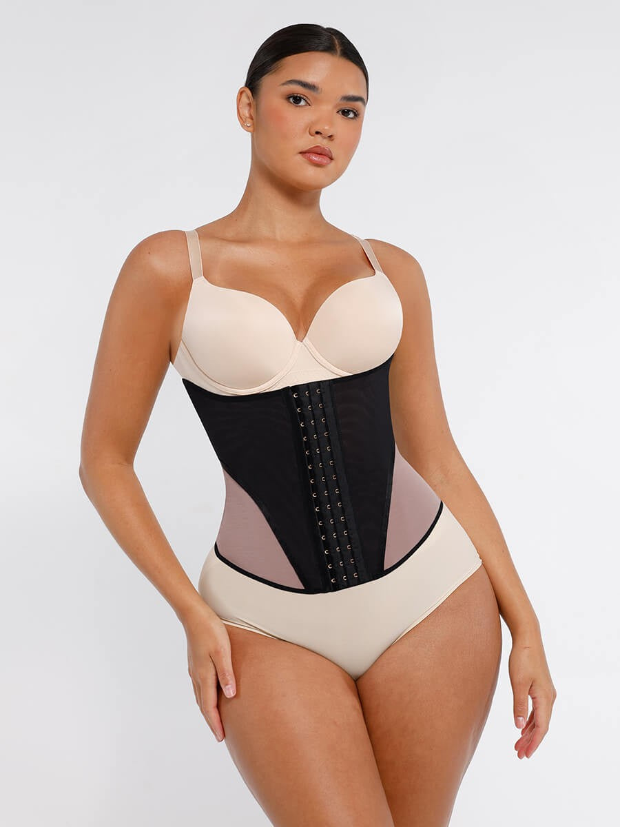 Color-Block Breathable Waist Cincher with 9 Steel Bones – Adjustable Hook Closure Tummy Shaper