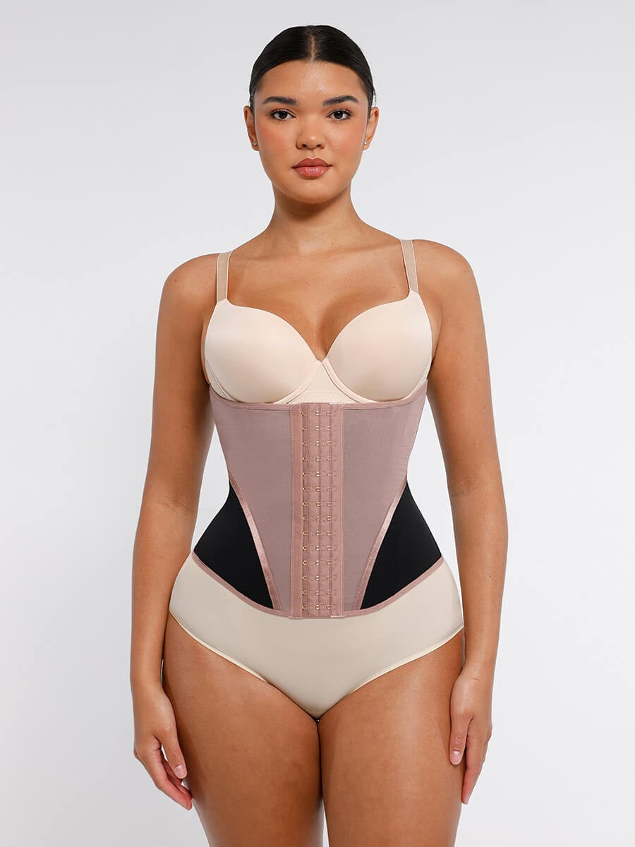Color-Block Breathable Waist Cincher with 9 Steel Bones – Adjustable Hook Closure Tummy Shaper