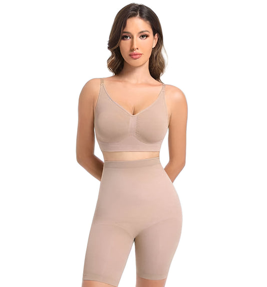 Woman wearing a beige shapewear set on a white background