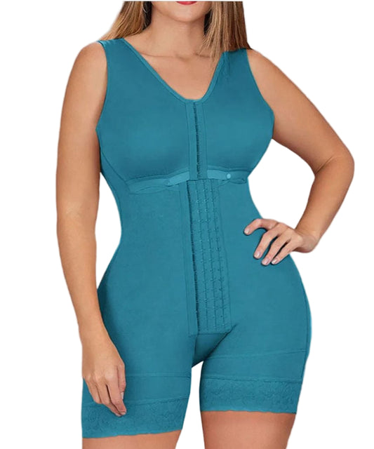 Teal compression garment worn by a model on a white background