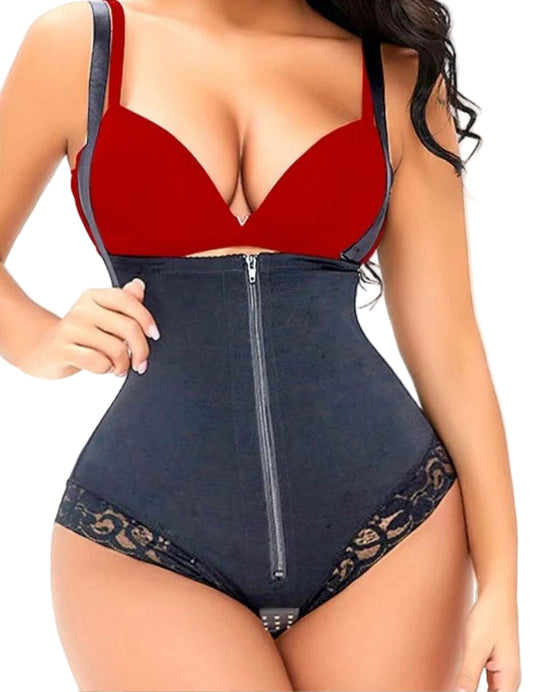 V-Neck Tummy Control Shapewear with red top and navy body suit on a beige background