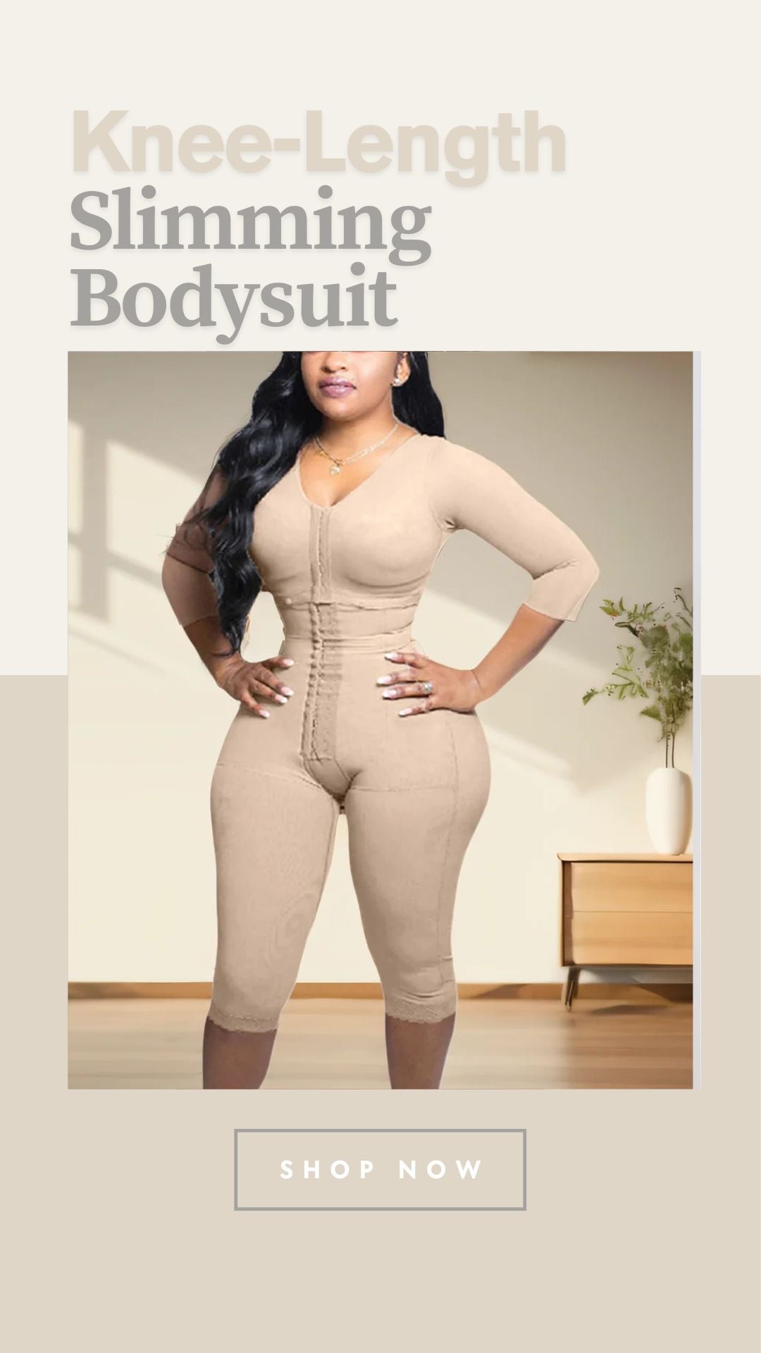Women's Full Body Shapewear with Sleeves – Knee-Length Slimming Bodysuit with Butt Lifter & Front Hook Waist Trainer