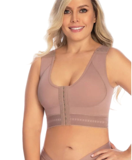 Woman wearing a beige corset bra with text about posture support and a 'Shop Now' button.