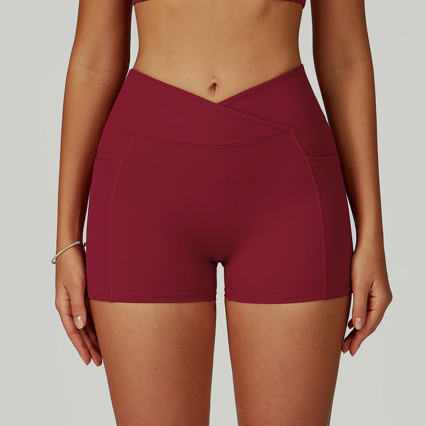 Sollinarry Nude Feel High Waist Yoga Shorts Cross Waist Skinny Yoga Pants Outdoor Running Cycling Sports