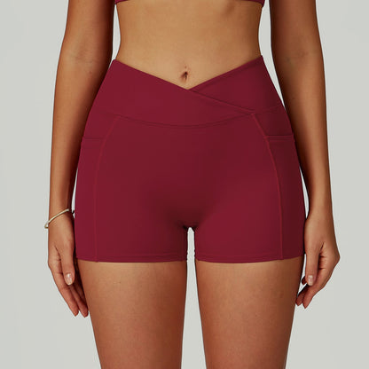 Sollinarry Nude Feel High Waist Yoga Shorts Cross Waist Skinny Yoga Pants Outdoor Running Cycling Sports