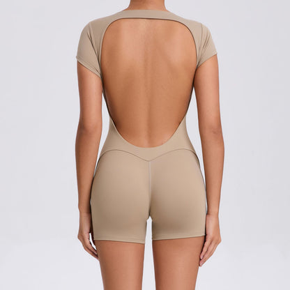 Backless Peach Hip Skinny Yoga Clothes Dance Sports Workout Clothes Hip Lift Belly Shaping Short Sleeve Yoga Jumpsuit
