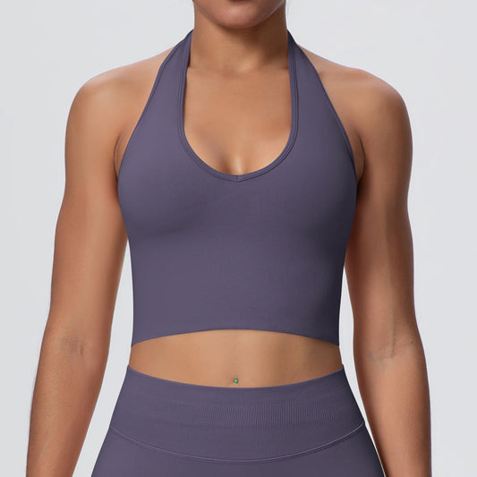 Solid Color Sports Back Shaping High Strength Poly Vest Breathable Waist Trimming Knitted Halter Bra Fitness Clothes Yoga Clothes