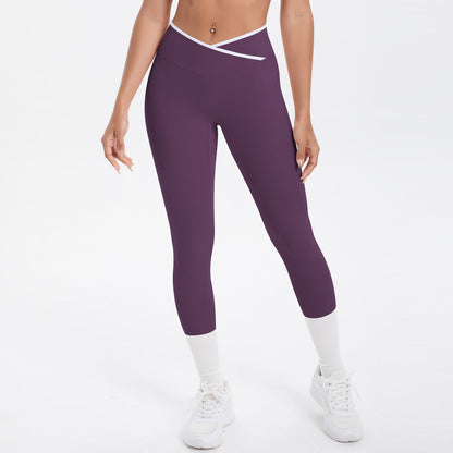 Nude Feel Skinny Yoga Pants Contrast Color Sexy Hip Lifting Cross High Waist Cropped Pants Women Sports Fitness Pants