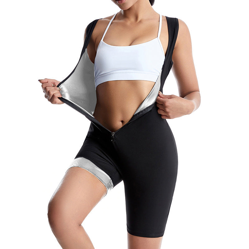 Cross-Border Women's One-Piece Zipper Vest Sweat Suit Breast Training Sports Fitness Shapewear Waist and Arm Lifting Jumpsuit