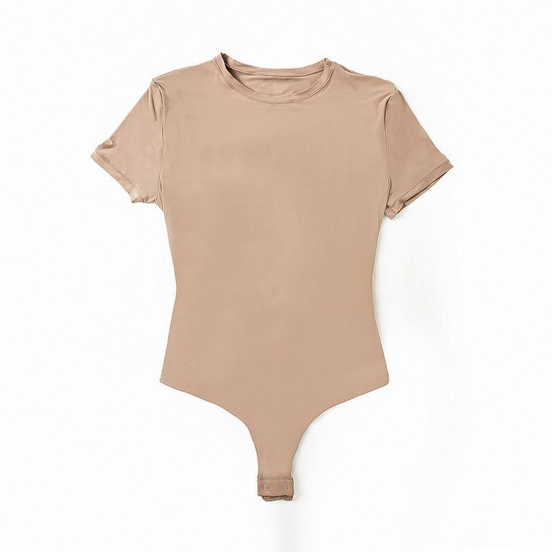Sk Same Style Seamless One-Piece Shapewear Double-Layer Foggy High-Elastic Slim Round Neck Short-Sleeved T-Shirt Jumpsuit Ready for Women