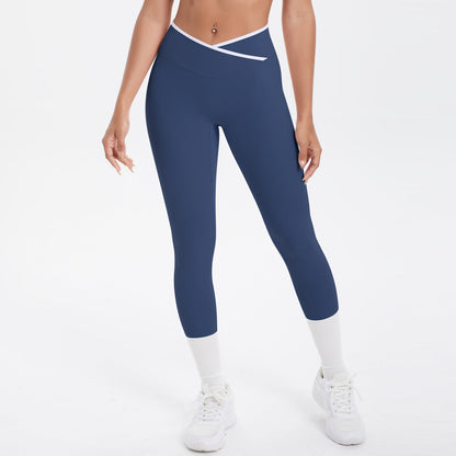 Nude Feel Skinny Yoga Pants Contrast Color Sexy Hip Lifting Cross High Waist Cropped Pants Women Sports Fitness Pants