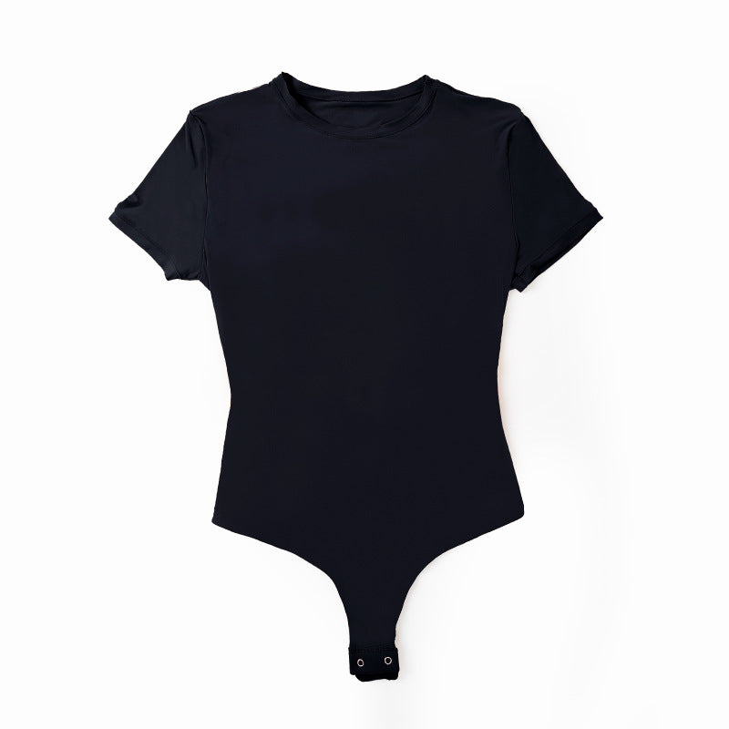 Sk Same Style Seamless One-Piece Shapewear Double-Layer Foggy High-Elastic Slim Round Neck Short-Sleeved T-Shirt Jumpsuit Ready for Women