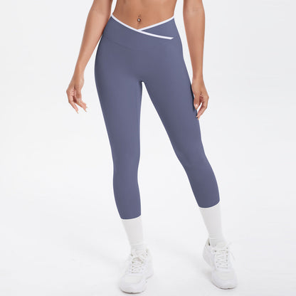 Nude Feel Skinny Yoga Pants Contrast Color Sexy Hip Lifting Cross High Waist Cropped Pants Women Sports Fitness Pants