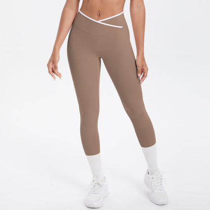 Nude Feel Skinny Yoga Pants Contrast Color Sexy Hip Lifting Cross High Waist Cropped Pants Women Sports Fitness Pants