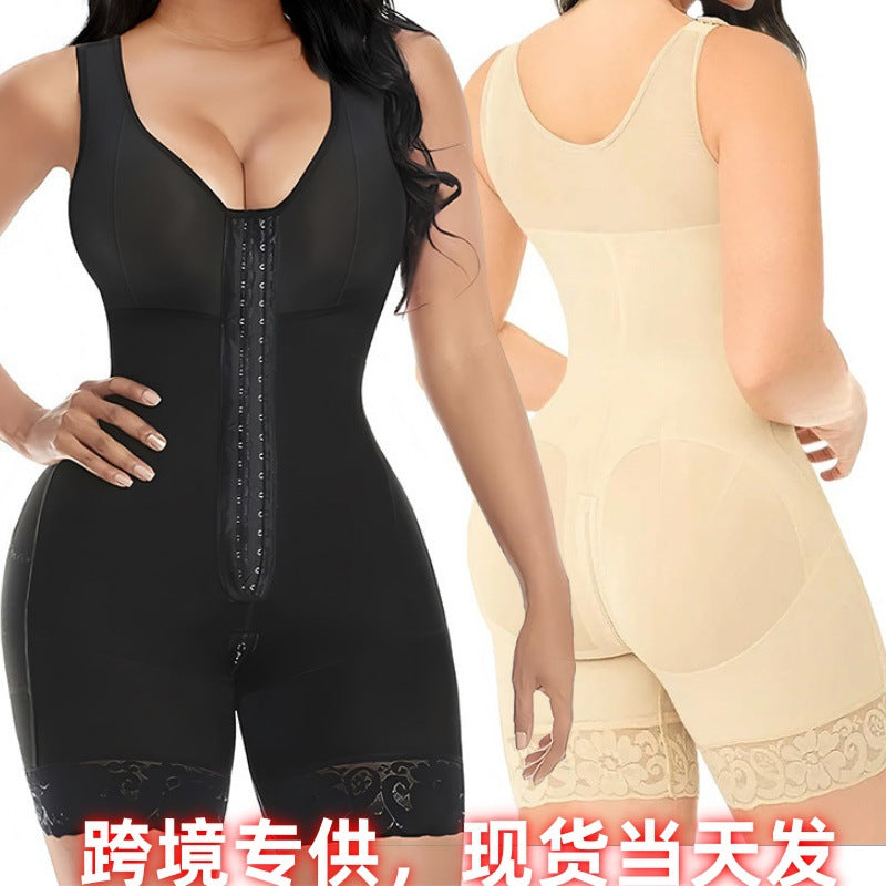 European and American Plus-Size Full-Body Compression Bodysuit, Butt-Lifting and Waist-Slimming Corset with Button Closure, Crotch Zipper Tummy Control Shapewear