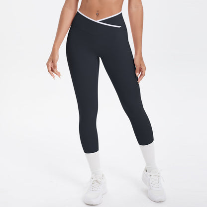 Nude Feel Skinny Yoga Pants Contrast Color Sexy Hip Lifting Cross High Waist Cropped Pants Women Sports Fitness Pants