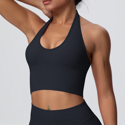 Solid Color Sports Back Shaping High Strength Poly Vest Breathable Waist Trimming Knitted Halter Bra Fitness Clothes Yoga Clothes