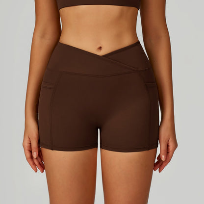 Sollinarry Nude Feel High Waist Yoga Shorts Cross Waist Skinny Yoga Pants Outdoor Running Cycling Sports