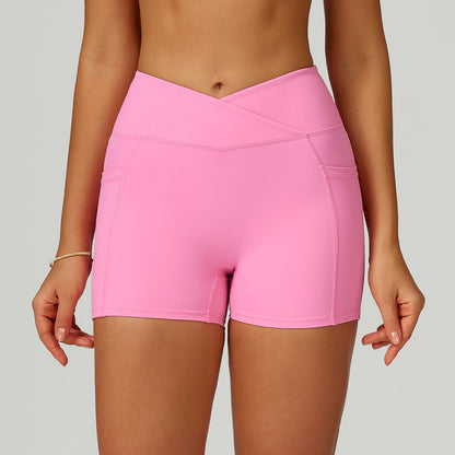 Sollinarry Nude Feel High Waist Yoga Shorts Cross Waist Skinny Yoga Pants Outdoor Running Cycling Sports